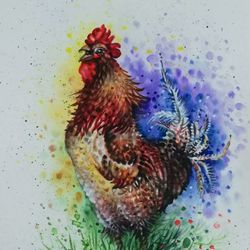 farm animals painting original watercolor art work on fabriano paper 300 gr  rooster wall art