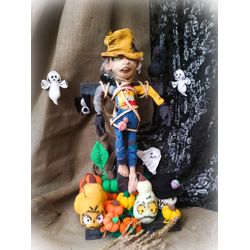 Large scarecrow in two suit for Halloween. Spooky scarecrow for fall decor. Creepy scarecrow doll. Folk art Scarecrow.