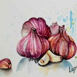 Vegetable Still Life Painting Original Watercolor Art Work Garlic Watercolor Painting For Kitchen Original Wall Art