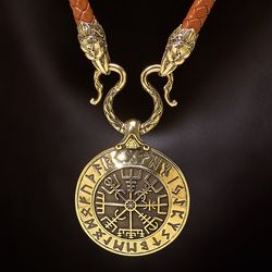 vegvisir – viking Сompass with futhark runes + leather necklace 6 mm