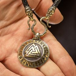 Valknut with Futhark Runes + Leather Necklace 6 mm