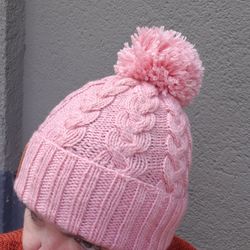 Warm Fall Winter Woman Hat Softy Dusty Rose Hand Knit With Pom Pom