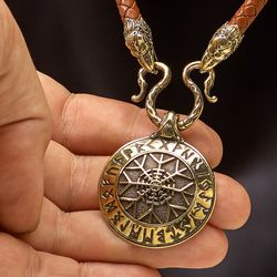 aegishjalmur – helm of awe with futhark runes + leather necklace 6 mm