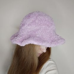 Furry bucket hat crochet Very peri fluffy bucket hat hand knit Teens gift idea Y2k bucket hat