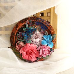 Round flower panel, decorative plaster flowers, home accent, sculptural painting