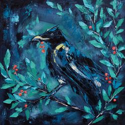 Raven Painting Crow Original Art Bird Artwork Impasto Wall Art 16 by 16 inch ARTbyAnnaSt