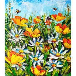 Daisies Poppies Painting Original Art Flowers Bumblebee Wildflowers Oil Blooming Meadow Wall Art Poppy