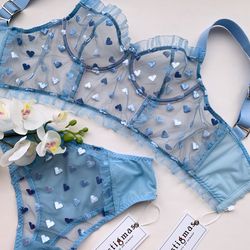 Blue hearts Lingerie set, Baby blue lingerie, Baby blue bra, Baby blue panties, High quality lingerie, Cute lingerie