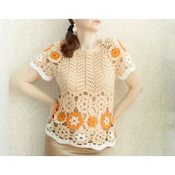 Handmade Beige Cotton Knitted T-shirt for Women