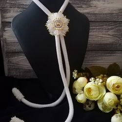 Long necklace beaded , white beautiful flower necklace, white jewelry