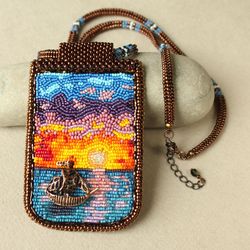 Necklace Sailboat at sunset embroidered  seescapebeaded necklace marine pendant nautical necklace multicolored