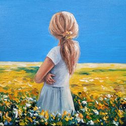 daisy painting girl original art blonde girl painting woman figure art flower meadow painting small artwork 8 by 10
