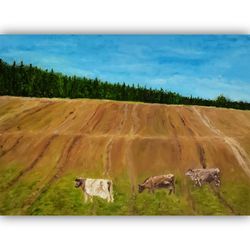 Cow Painting Landscape Original Art Animal Oil Painting Cows Wall Art Home Decor Painting