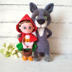 Little red riding hood and wolf- set crochet doll. Amigurumi dolls. Big bad wolf & red doll. Set fairy tales hero Grimm.
