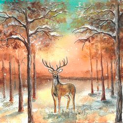 Printable file Deer in the deep forest watercolor painting wall art decor