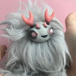Ooak ghost art doll Collectible toy fabulous creature. Fluffy gray Caterpillar art toy. Fantasy animal Doll zombie