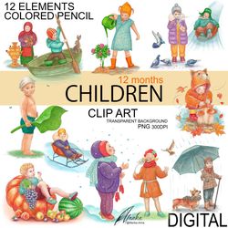 Children Clipart PNG 12 Months Old Baby Illustration Digital Postcards Kid Art