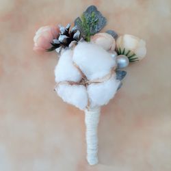 Boutonniere for the groom, Wedding boutonniere, Rustic boutonniere, Cotton boutonniere, Winter boutonniere
