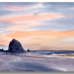Cannon Beach Print Art Large Print Oregon Coast Poster Haystack Rock Painting Watercolor