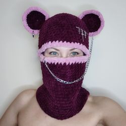 Pastel goth balaclava crochet Fluffy bear balaclava with chain Gothic teens gift Crazy bear full face mask