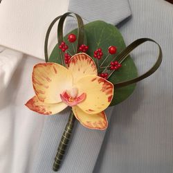 Orchid boutonniere, Fiancé boutonniere, Wedding boutonniere, Orange orchid boutonniere, Groom boutonniere