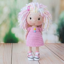 Crocheted doll in a beautiful dress. A little expensive doll in a dress. Amigurumi doll for sale. Custom doll.