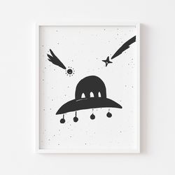 UFO poster for kids, UFO print for baby, Flying Saucer print, Simple Space print, Monochrome Space art, Adorable UFO