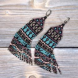 Long Beaded Fringe earrings, Boho Bohemian style, Seed Bead Ethnic Tribal Jewelry, matte turqouise silver violet