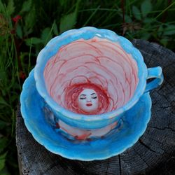 Blue ceramic cup and saucer Handmade tea set Fairy flower inside Mug for tea and coffee Gift for Alice fans