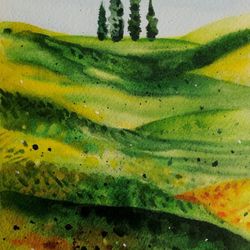 Tuscan Landscape Painting Original Watercolor Art Work Summer Landscape Postcard Hand Made