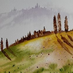 Tuscan Landscape Painting Original Watercolor Art Work Summer Landscape Postcard Hand Made
