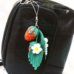 Keychain handmade in the form of wild strawberries. Crocheted bag pendant. Original design accessory. Souvenir for mom.