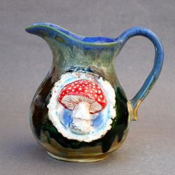 Ceramic jug Witch style Amanita mushroom figurine Green Blue Milk Jug Handmade Milk cup Gift for mom. home decor .vase