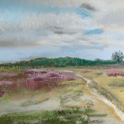 heather field giclee print calm landscape heather art scotland pastel art paper print floral poster