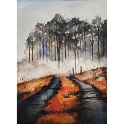 Road Painting Fall Original Art Foggy Artwork Autumn Landscape Painting 7 by 5 Watercolor Wall Art by AlyonArt
