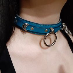 Turquoise leather bdsm collar for submissive Lockable slave collar with soft suede lining