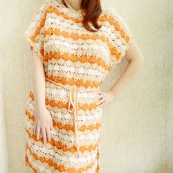 Knitted cotton dress, Striped beige crochet dress, Summer cotton tunic dress