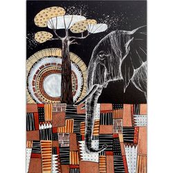 Elephant painting African Original art Ethnic pattern artwork Animal wall art on black paper by Rubinova