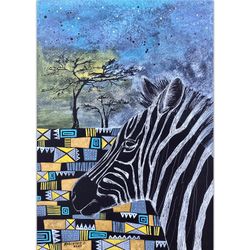 Zebra painting African art Original watercolor Animal wall decor Artwork on black paper by Rubinova