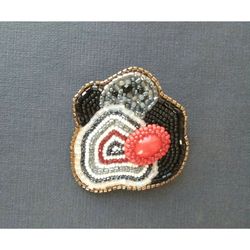 Abstract beaded embroidered brooch asimmetrical geomentic glass rice beads brooch red black white gray