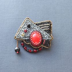 Abstract brooch embroidered glass rice beads beaded red black modern gray Abstraction OOAK  handmade