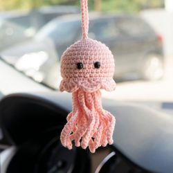 Crocheted Jellyfish car accessories for women, rear view mirror charm, car pendant, cute kawaii, boho car decor