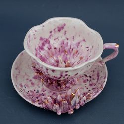 Geode Tea cup and saucer set Amethyst Crystal Porcelain tea coffee set Crystal Mug in Amethyst, Modern art tea set