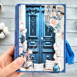 Blue junk journals for sale with lace Door notebook Turkish blue junk journal handmade Country homemade decorated thick