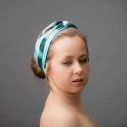 Teal mint sparkle silk twisted headband inspired by Gucci turban headband. Silk head scarf, silk hair scarf
