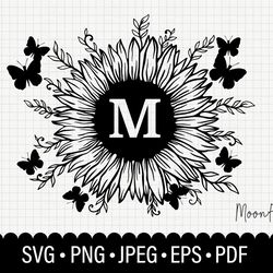 Sunflower with butterfly svg flower and butterfly digital svg, clip art  monogram letter frame.Files for Cricut
