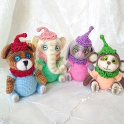 Circus animals dolls. Crocheted set small animals. Elephant, Bunny, Monkey, Bear- crochet toy. Circus animals zoo toys