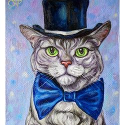 Cat Painting Original Art, Gray Tabby Kitty Head, Striped Cat Portrait