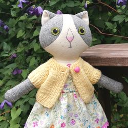 Gray cat girl, stuffed cat doll, handmade plush kitten toy, wool stuffed doll