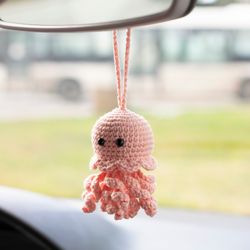 Stuffed Jellyfish rear view mirror charm, car hanging accessory, cute crochet car accessories for women